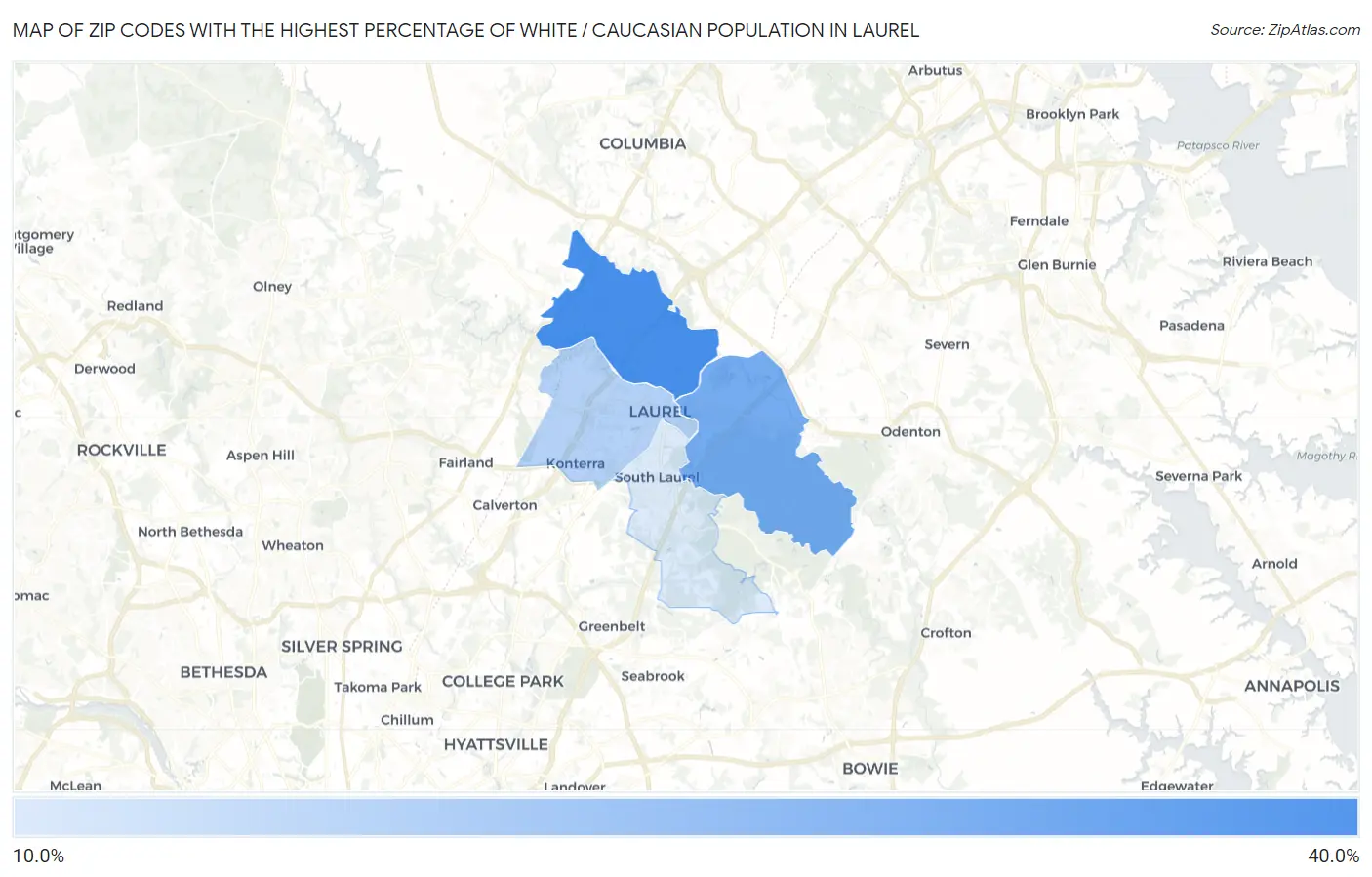 Zip Codes with the Highest Percentage of White / Caucasian Population in Laurel Map