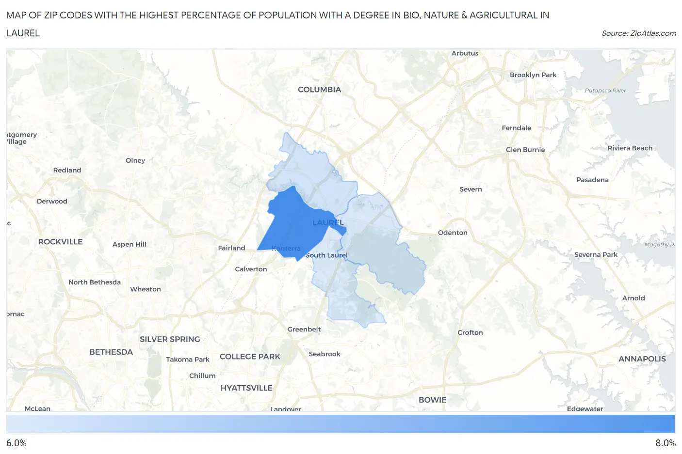 Zip Codes with the Highest Percentage of Population with a Degree in Bio, Nature & Agricultural in Laurel Map