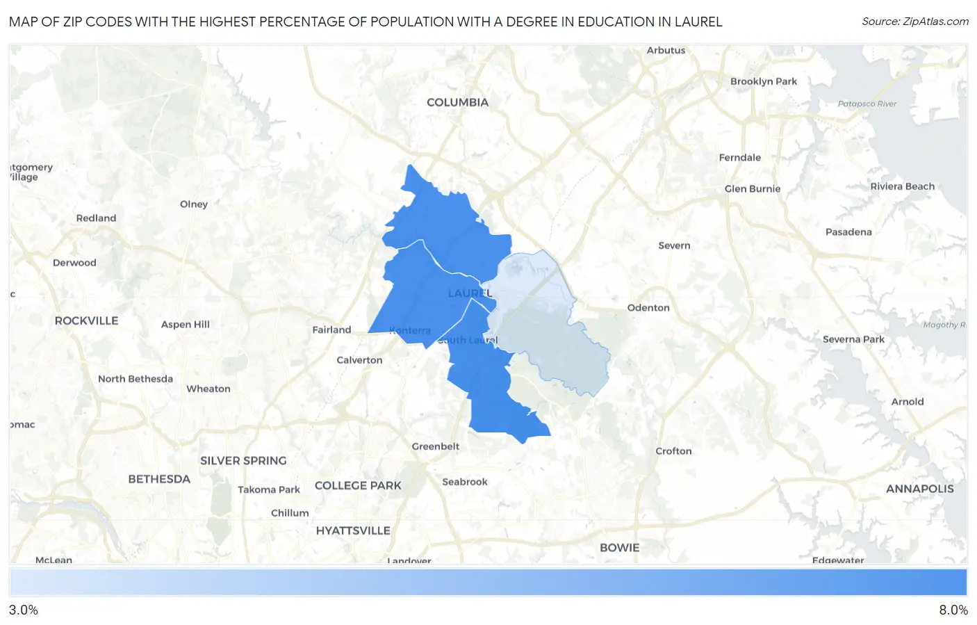 Zip Codes with the Highest Percentage of Population with a Degree in Education in Laurel Map
