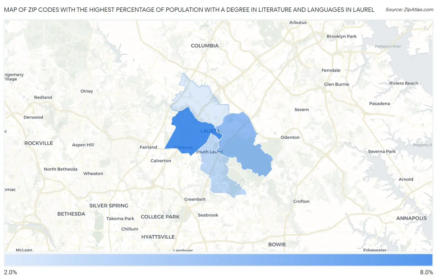 Zip Codes with the Highest Percentage of Population with a Degree in Literature and Languages in Laurel Map