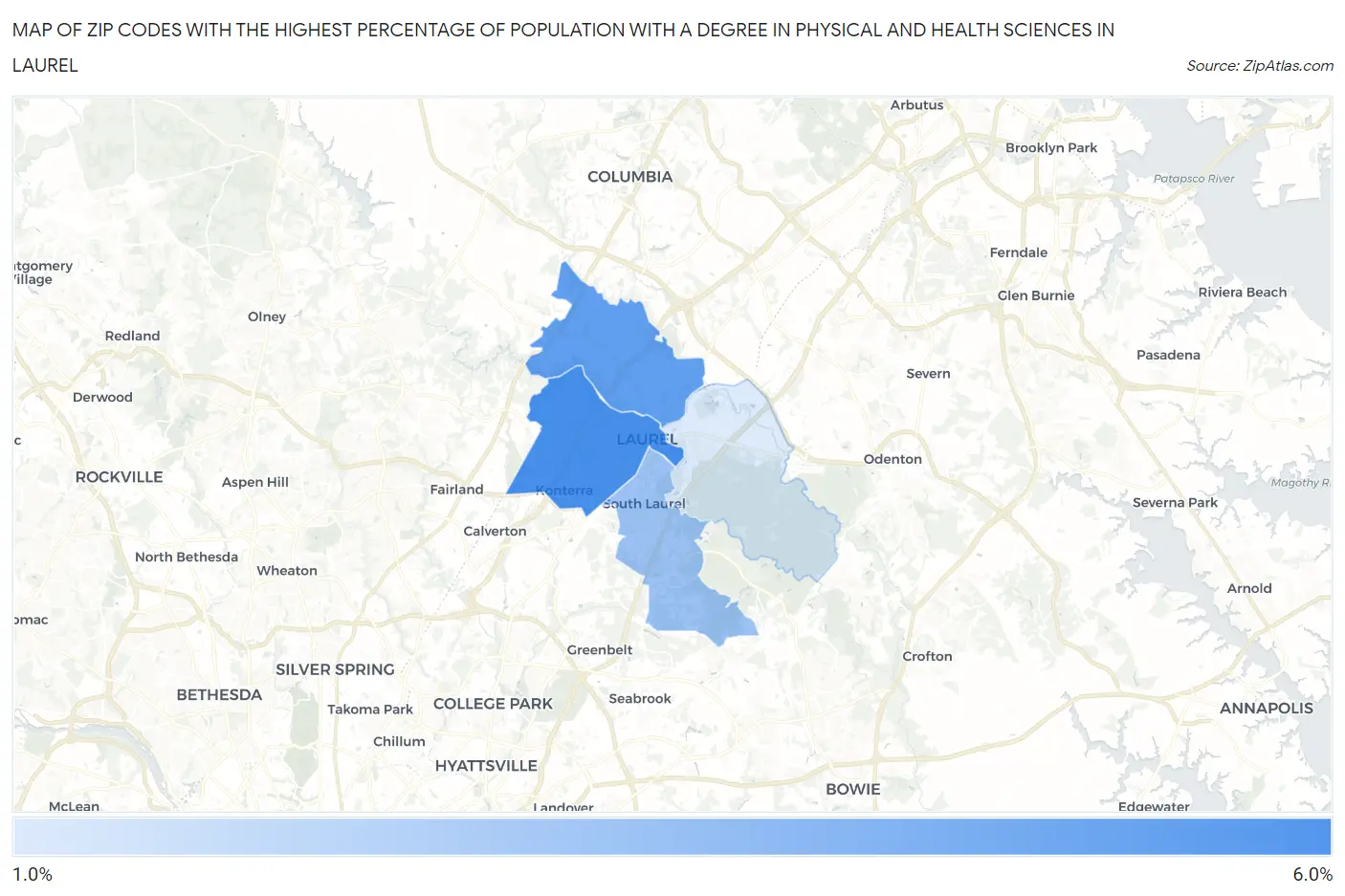 Zip Codes with the Highest Percentage of Population with a Degree in Physical and Health Sciences in Laurel Map