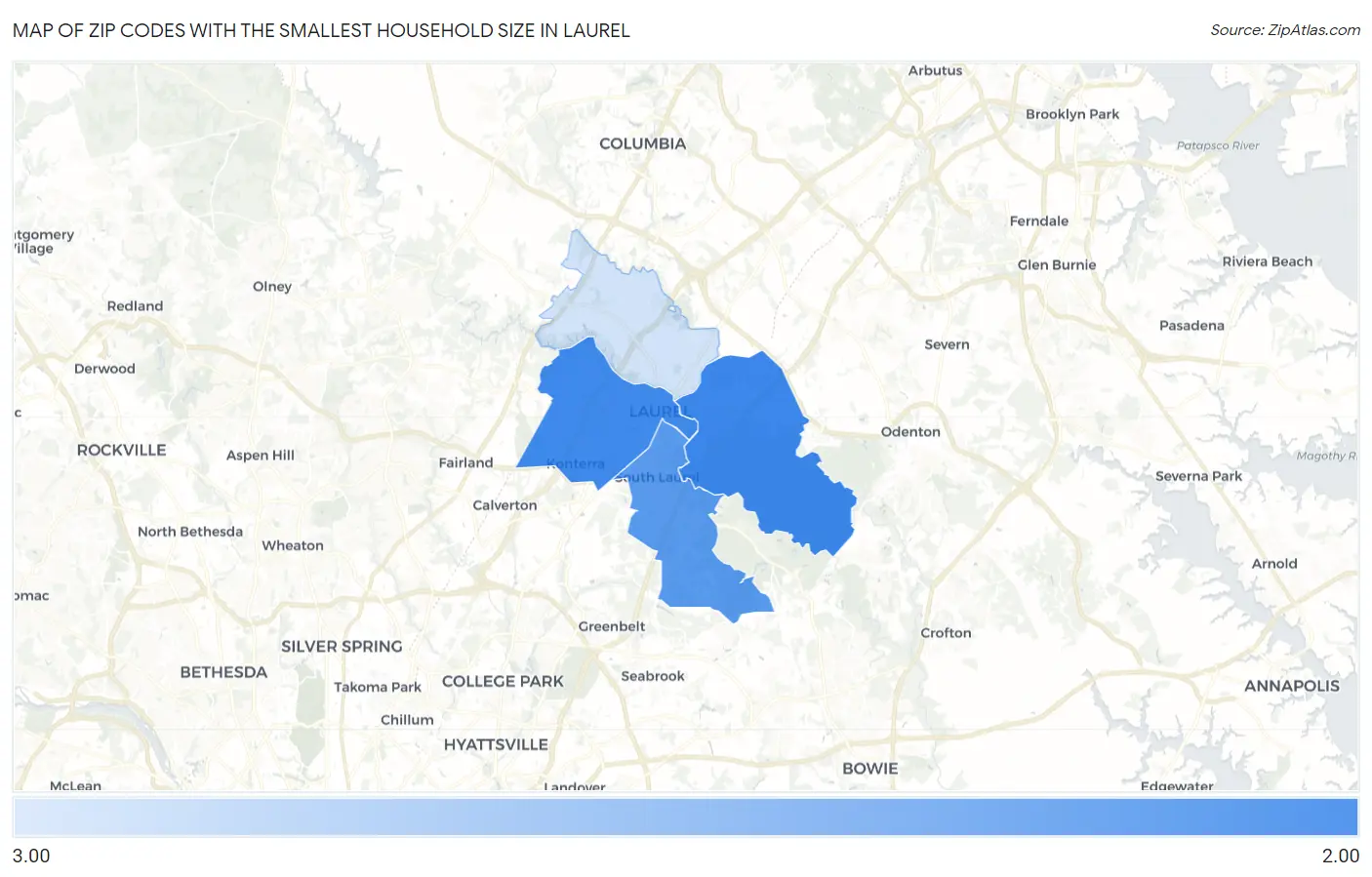 Zip Codes with the Smallest Household Size in Laurel Map