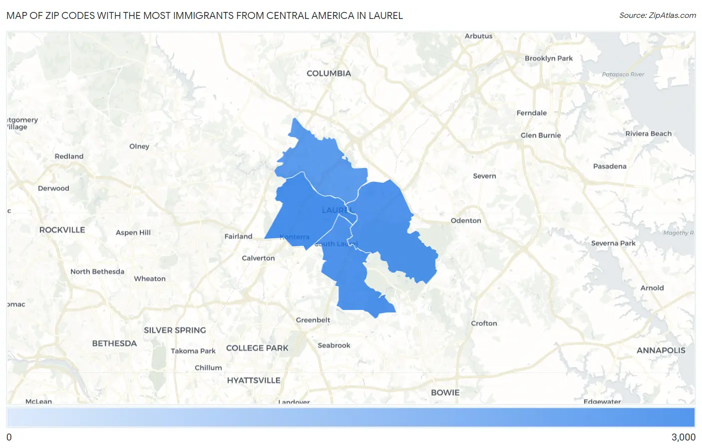 Zip Codes with the Most Immigrants from Central America in Laurel Map