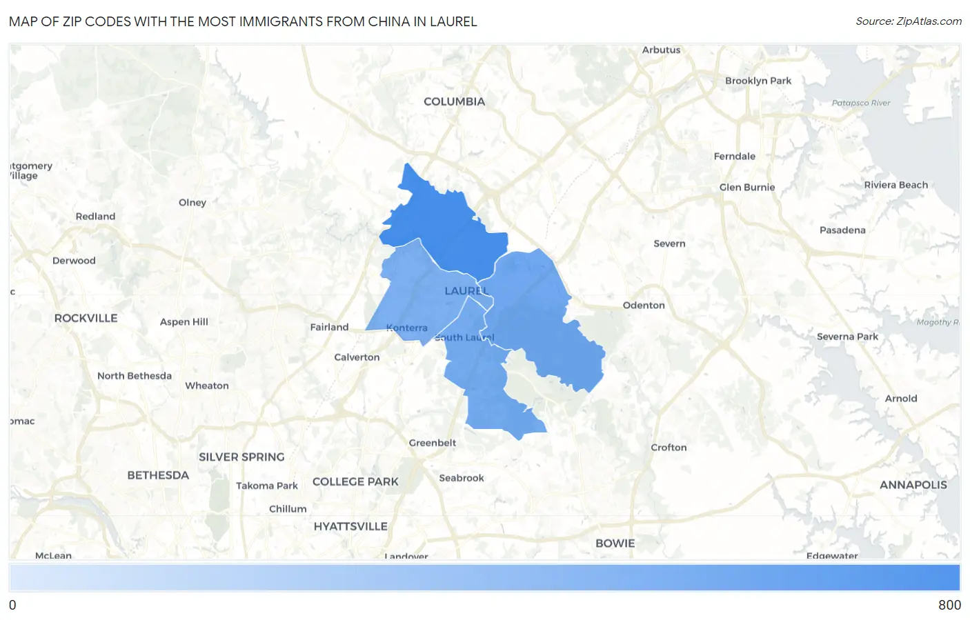 Zip Codes with the Most Immigrants from China in Laurel Map