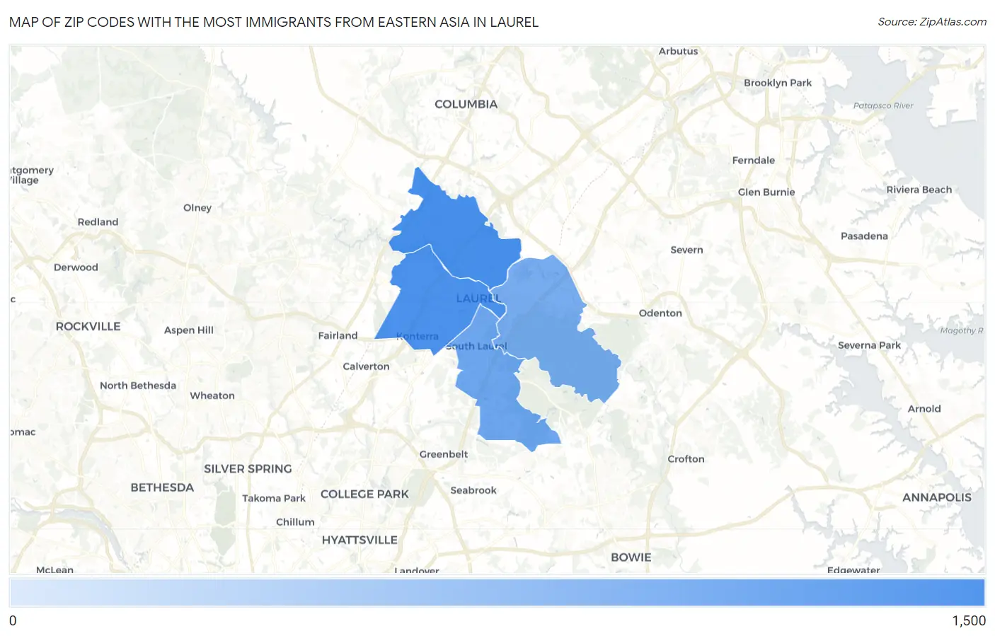 Zip Codes with the Most Immigrants from Eastern Asia in Laurel Map