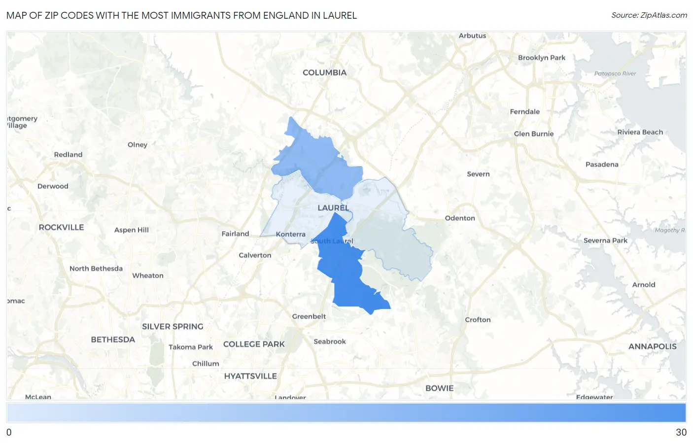 Zip Codes with the Most Immigrants from England in Laurel Map