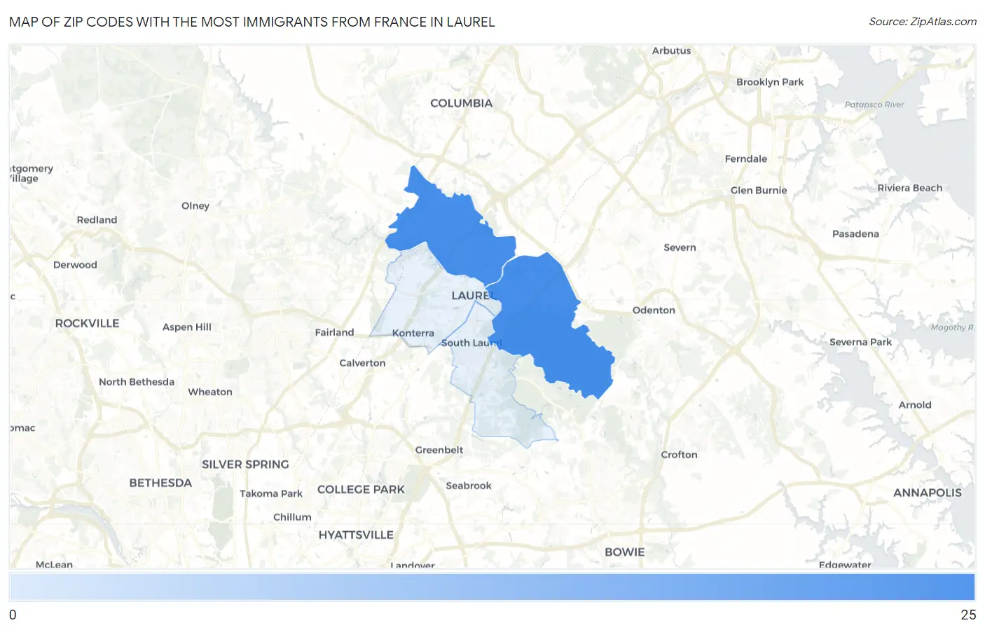 Zip Codes with the Most Immigrants from France in Laurel Map