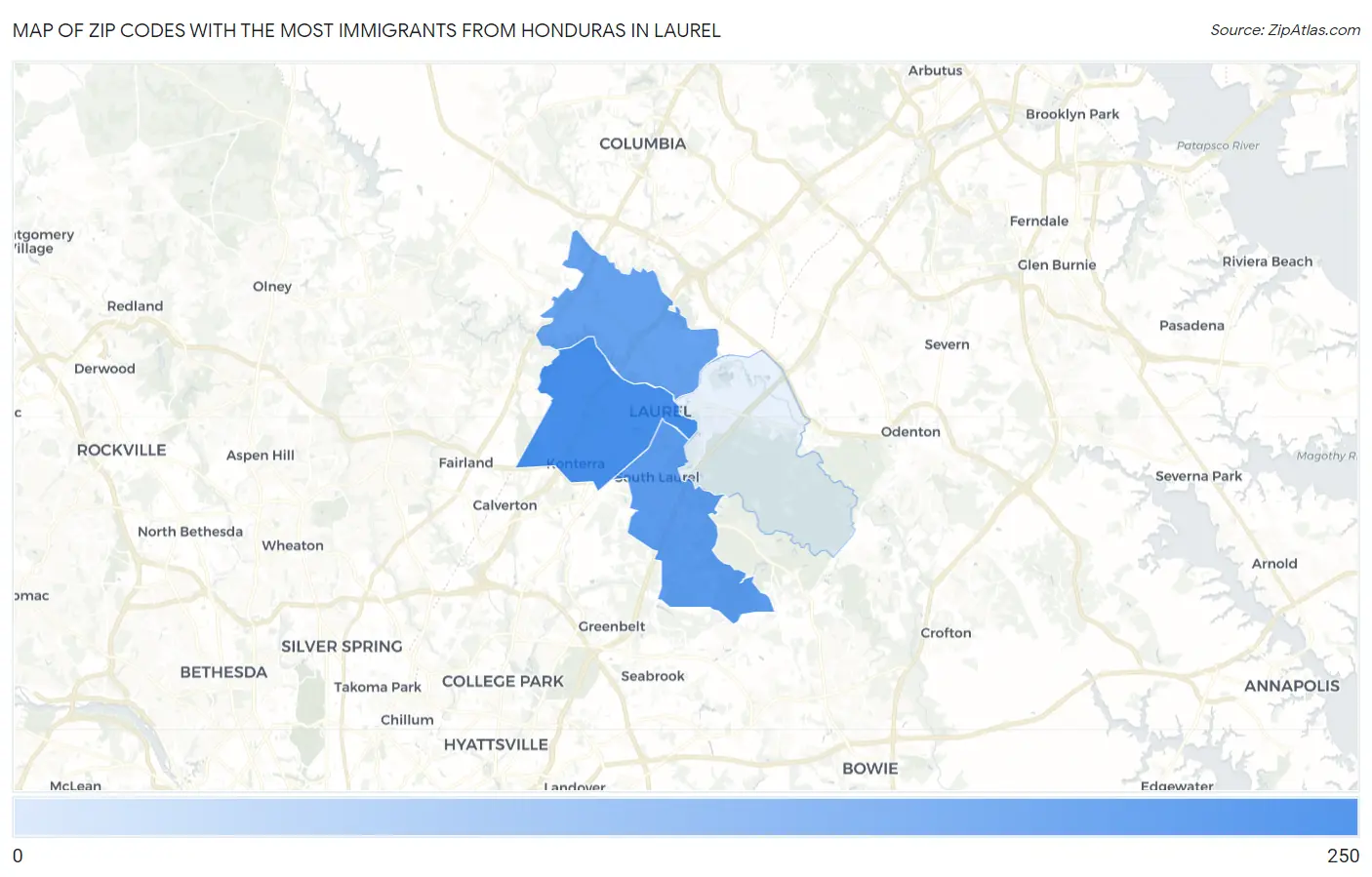 Zip Codes with the Most Immigrants from Honduras in Laurel Map