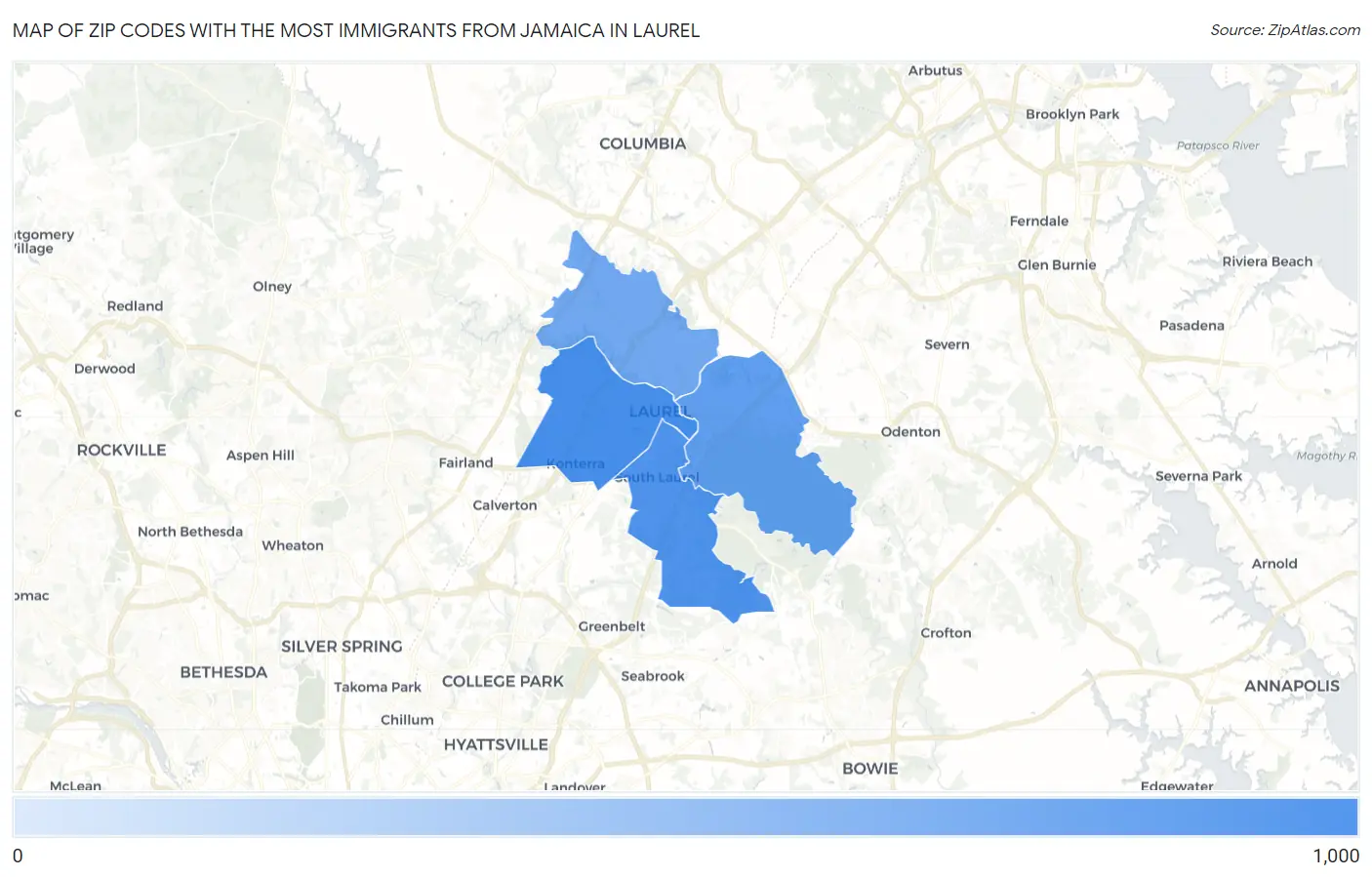 Zip Codes with the Most Immigrants from Jamaica in Laurel Map