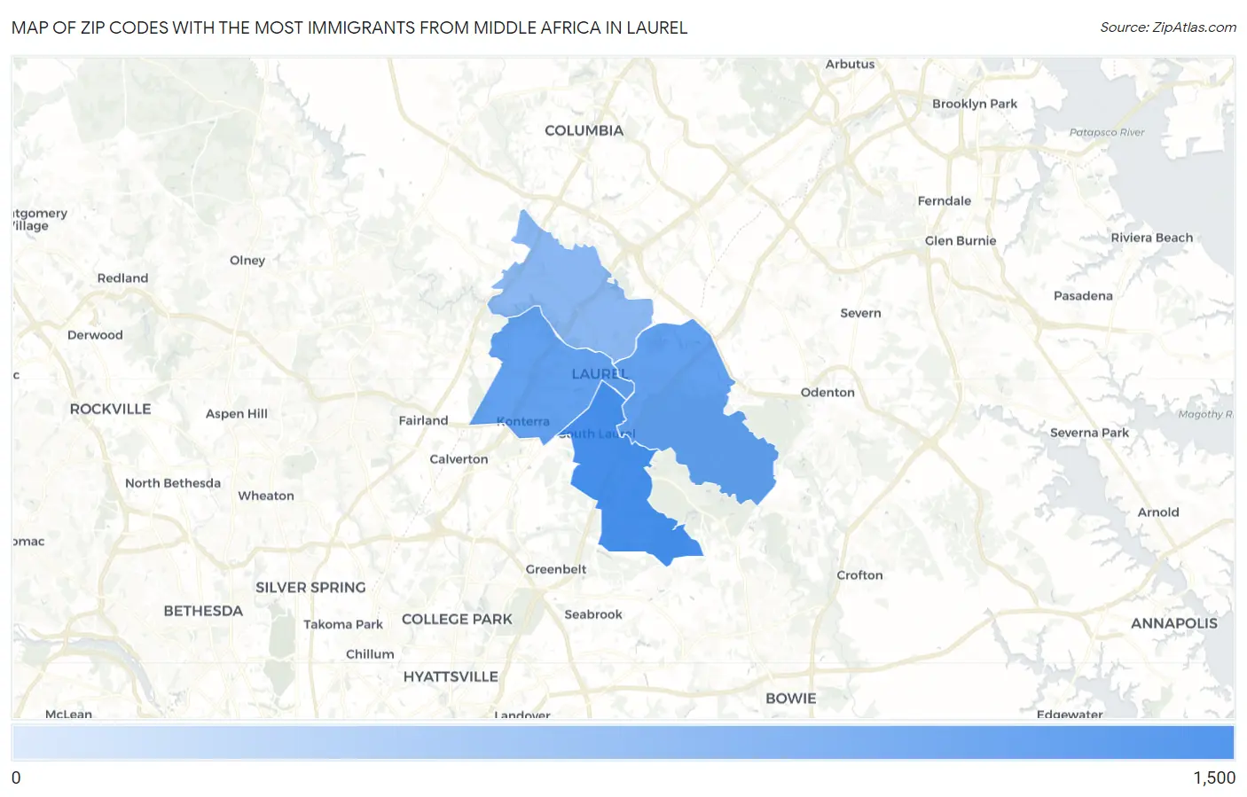 Zip Codes with the Most Immigrants from Middle Africa in Laurel Map
