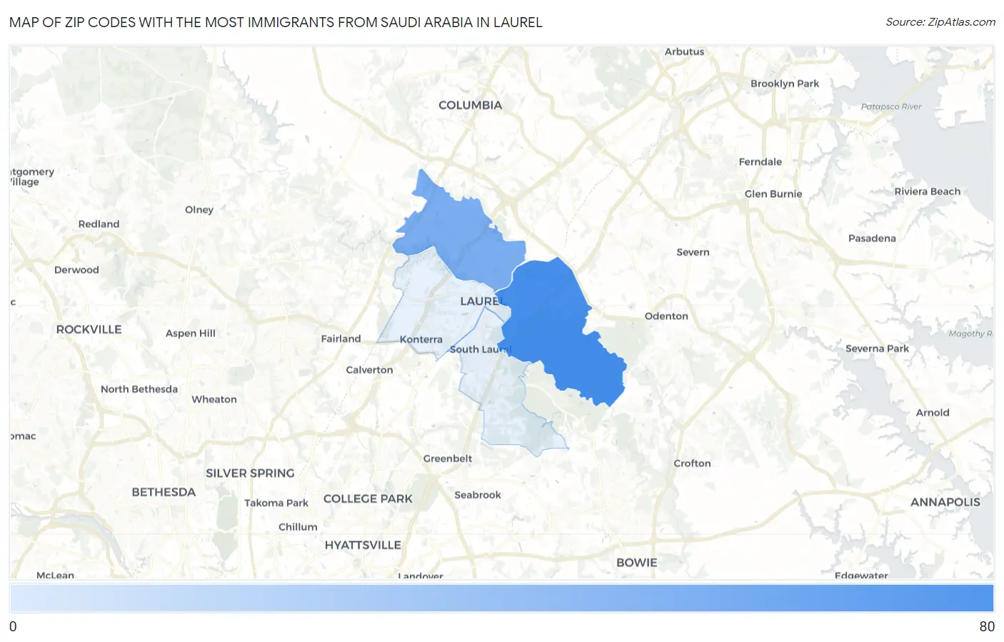 Zip Codes with the Most Immigrants from Saudi Arabia in Laurel Map