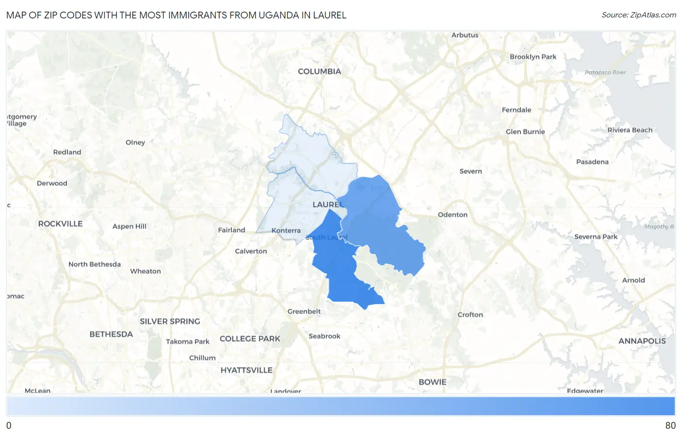 Zip Codes with the Most Immigrants from Uganda in Laurel Map