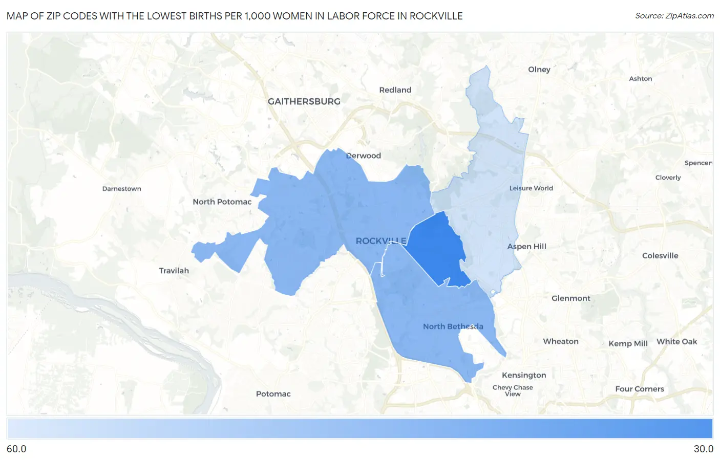 Zip Codes with the Lowest Births per 1,000 Women in Labor Force in Rockville Map