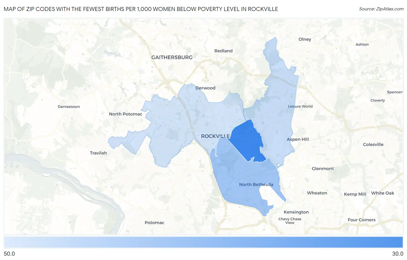 Zip Codes with the Fewest Births per 1,000 Women Below Poverty Level in Rockville Map