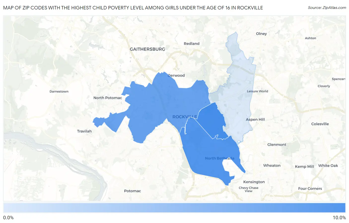 Zip Codes with the Highest Child Poverty Level Among Girls Under the Age of 16 in Rockville Map