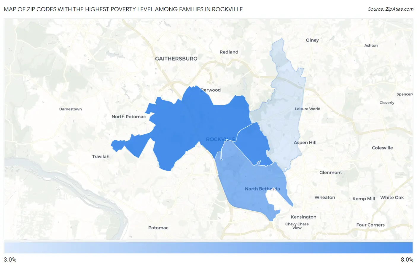 Zip Codes with the Highest Poverty Level Among Families in Rockville Map