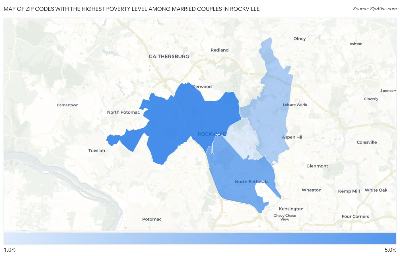 Zip Codes with the Highest Poverty Level Among Married Couples in Rockville Map