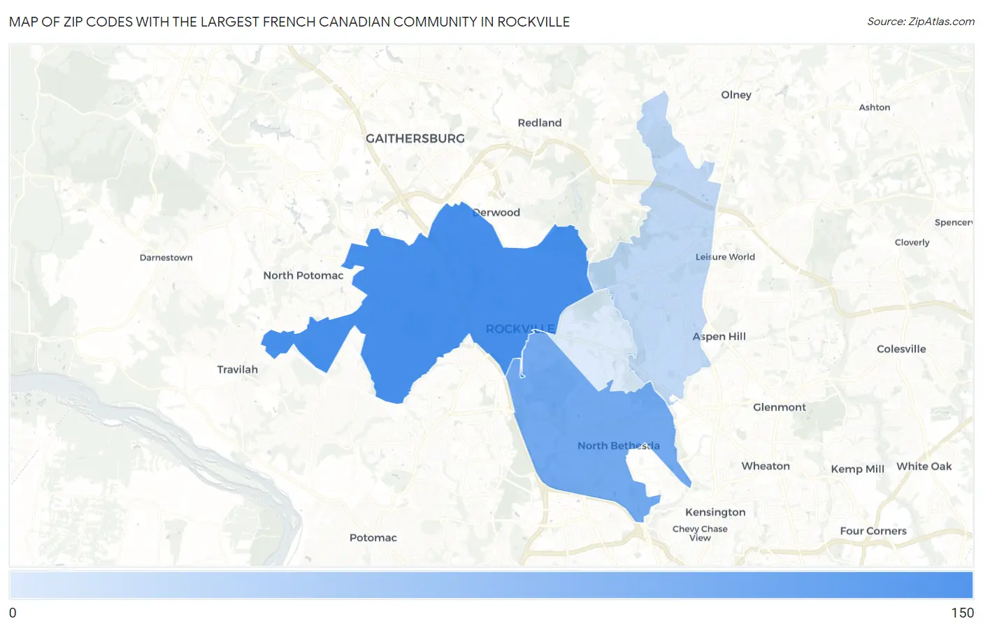 Zip Codes with the Largest French Canadian Community in Rockville Map