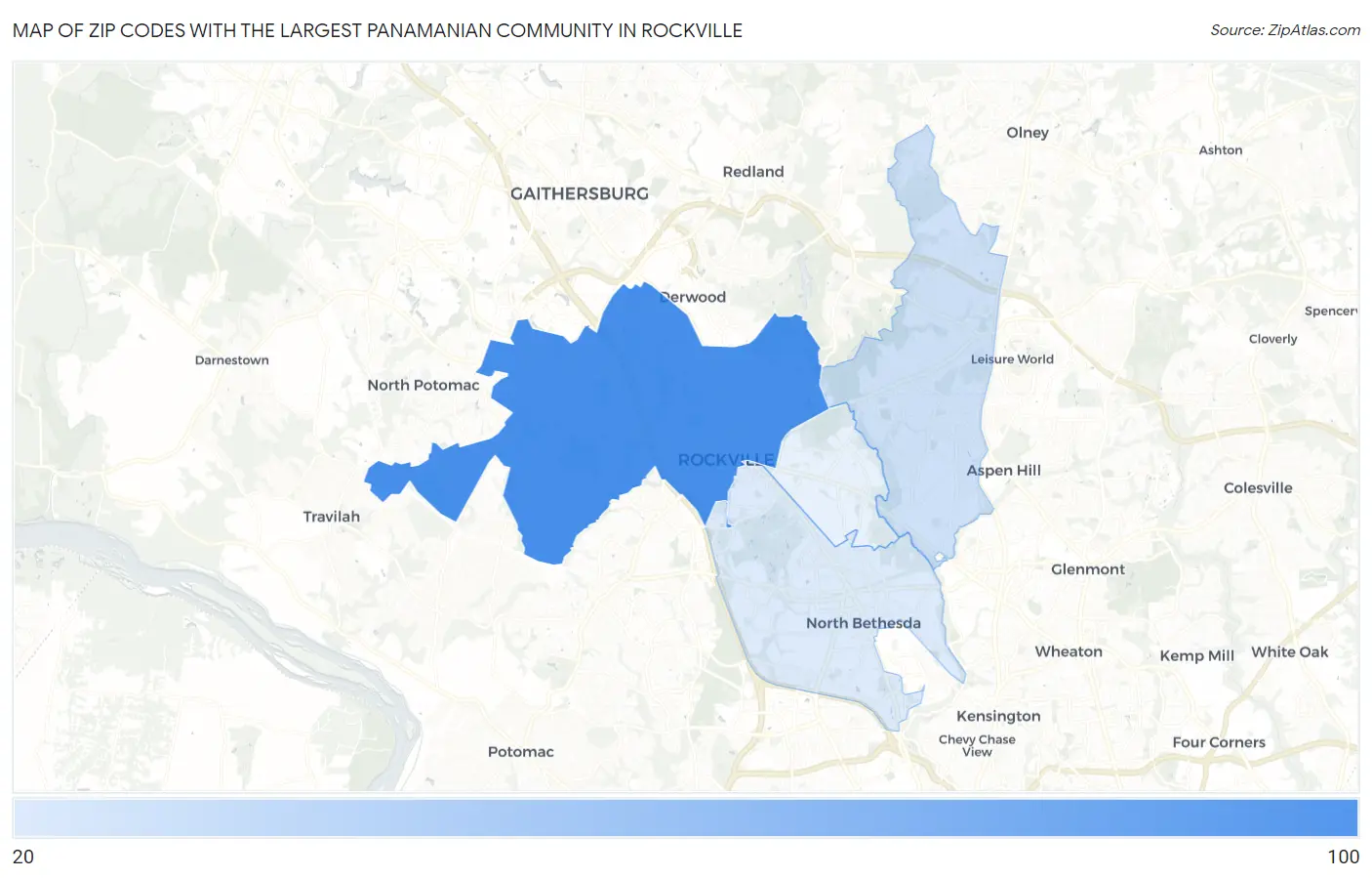 Zip Codes with the Largest Panamanian Community in Rockville Map