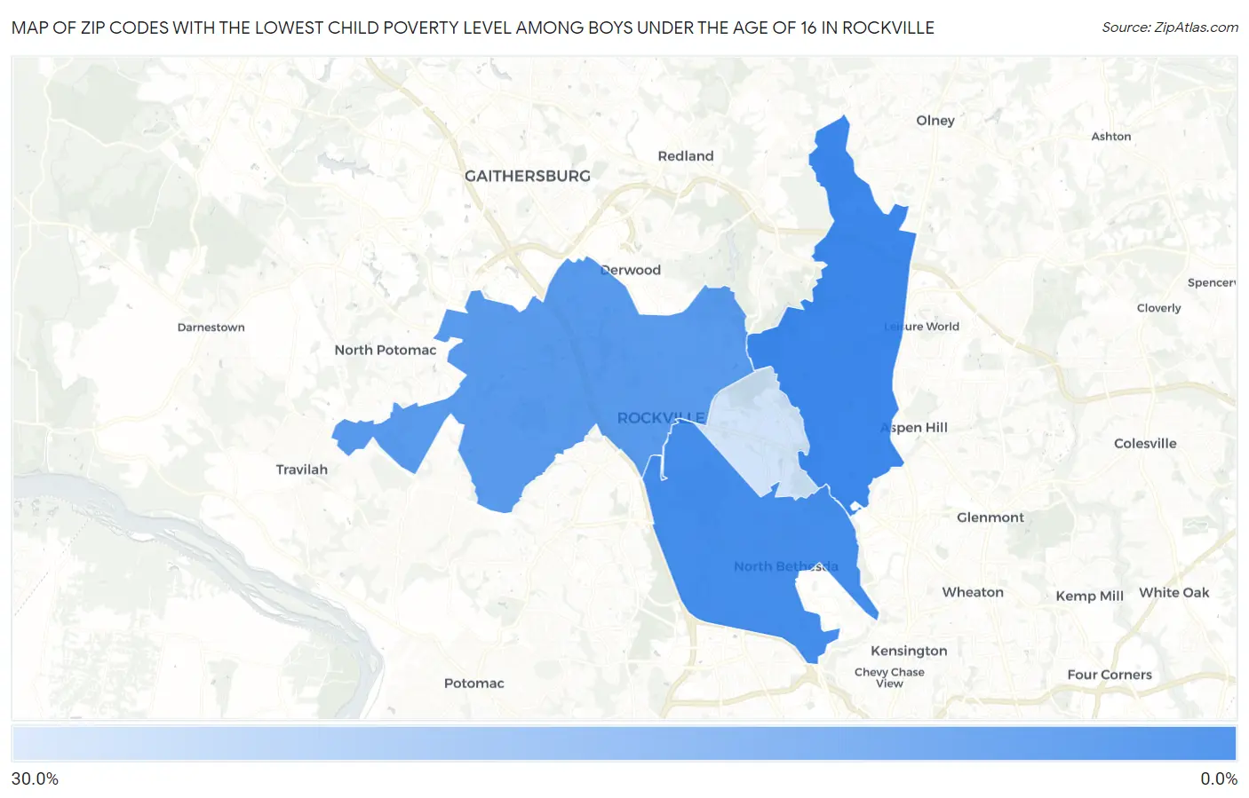 Zip Codes with the Lowest Child Poverty Level Among Boys Under the Age of 16 in Rockville Map