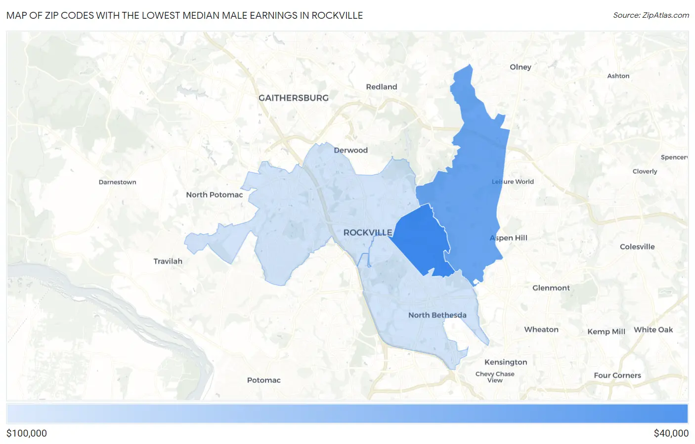 Zip Codes with the Lowest Median Male Earnings in Rockville Map