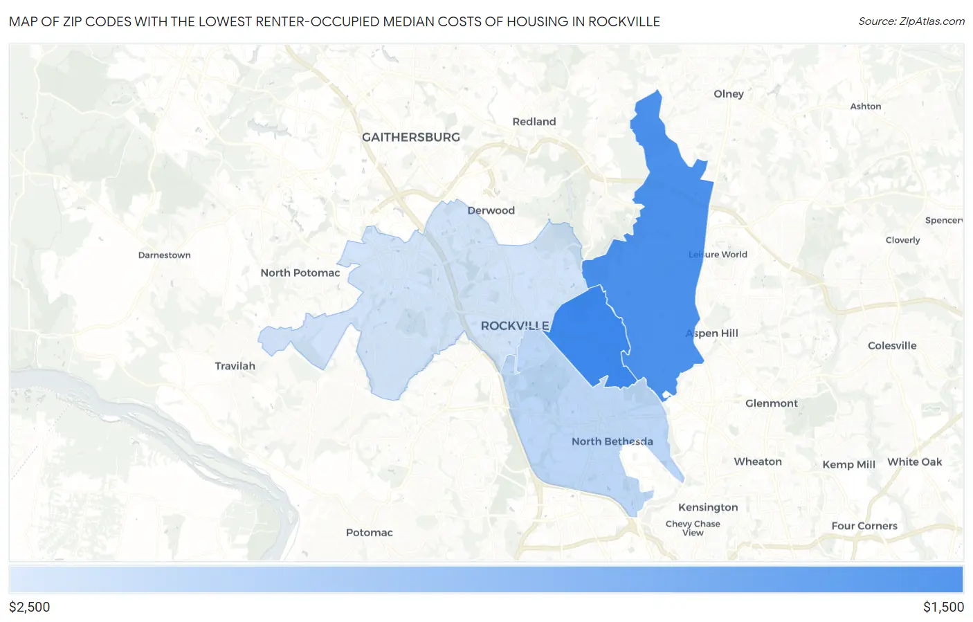 Zip Codes with the Lowest Renter-Occupied Median Costs of Housing in Rockville Map