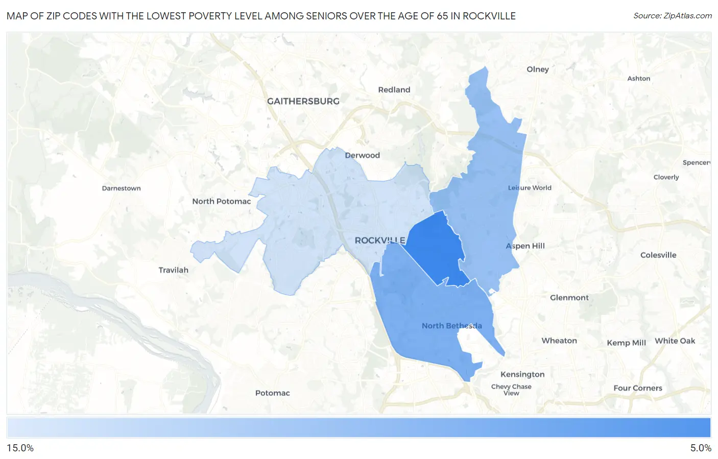 Zip Codes with the Lowest Poverty Level Among Seniors Over the Age of 65 in Rockville Map