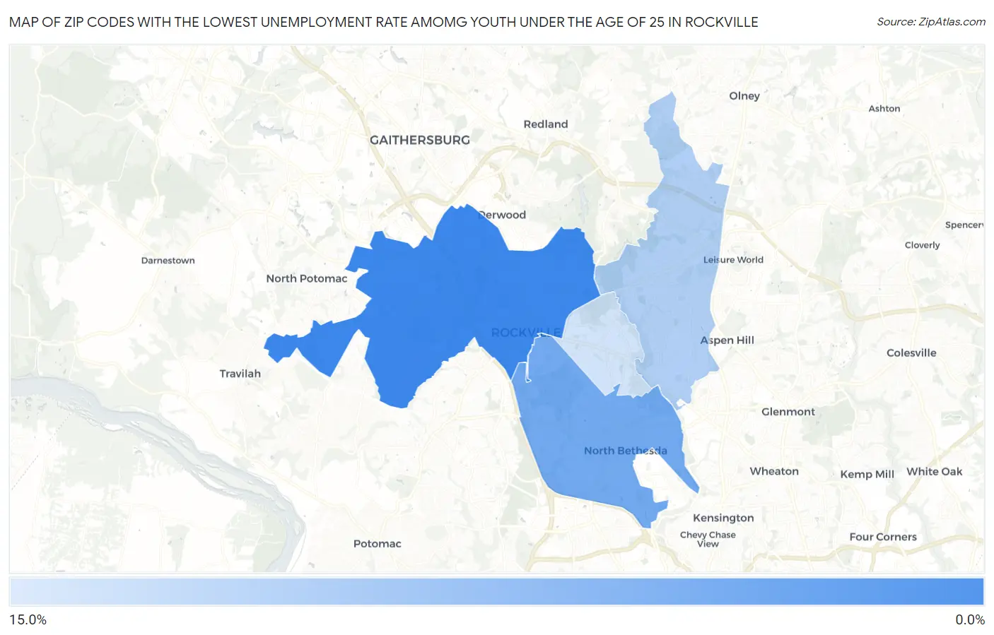 Zip Codes with the Lowest Unemployment Rate Amomg Youth Under the Age of 25 in Rockville Map