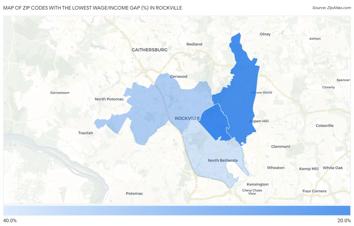 Zip Codes with the Lowest Wage/Income Gap (%) in Rockville Map