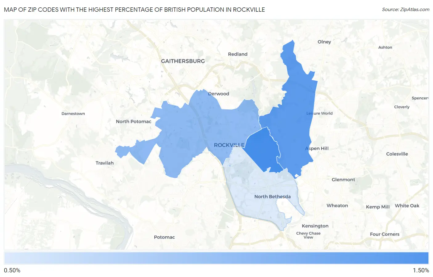 Zip Codes with the Highest Percentage of British Population in Rockville Map