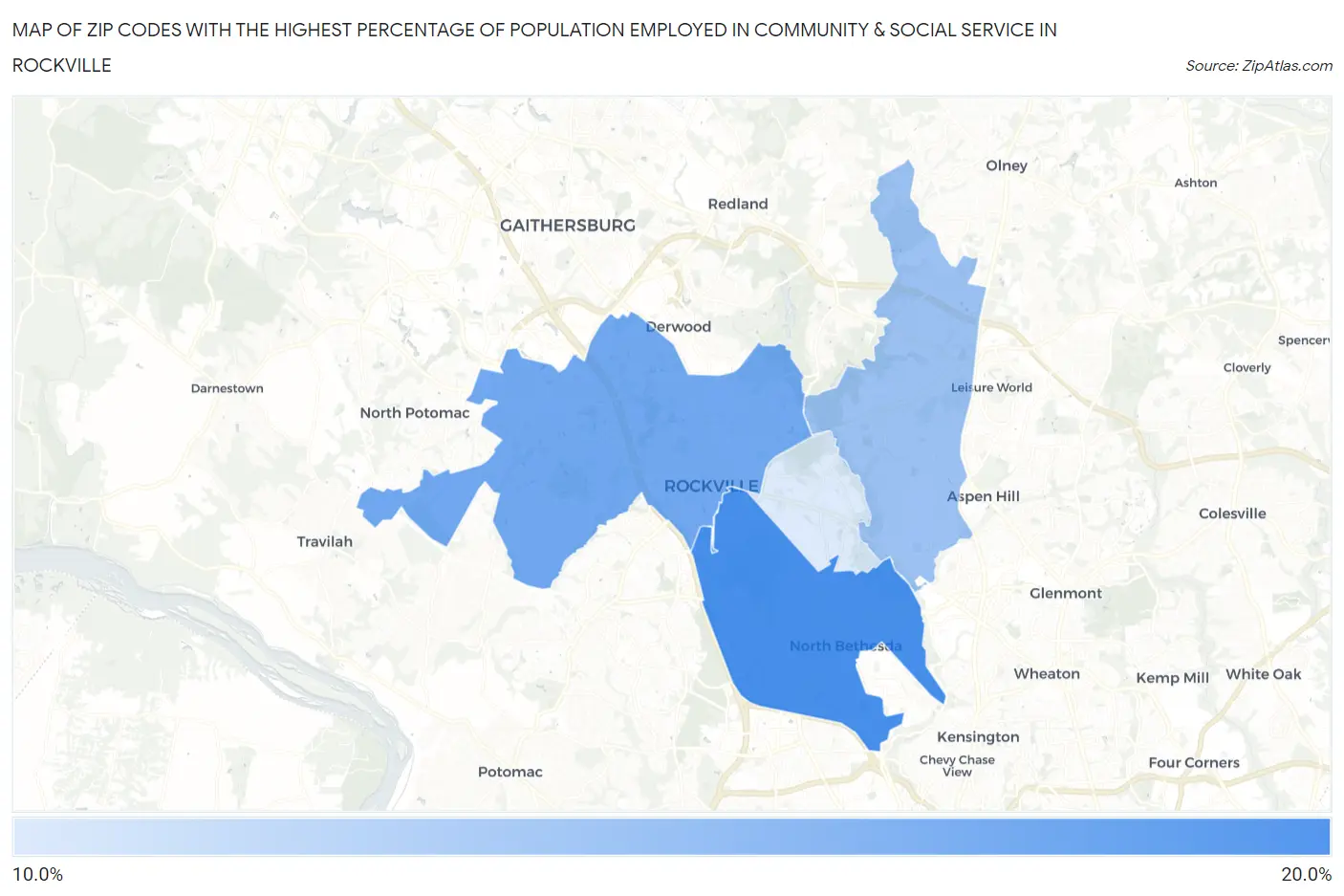Zip Codes with the Highest Percentage of Population Employed in Community & Social Service  in Rockville Map