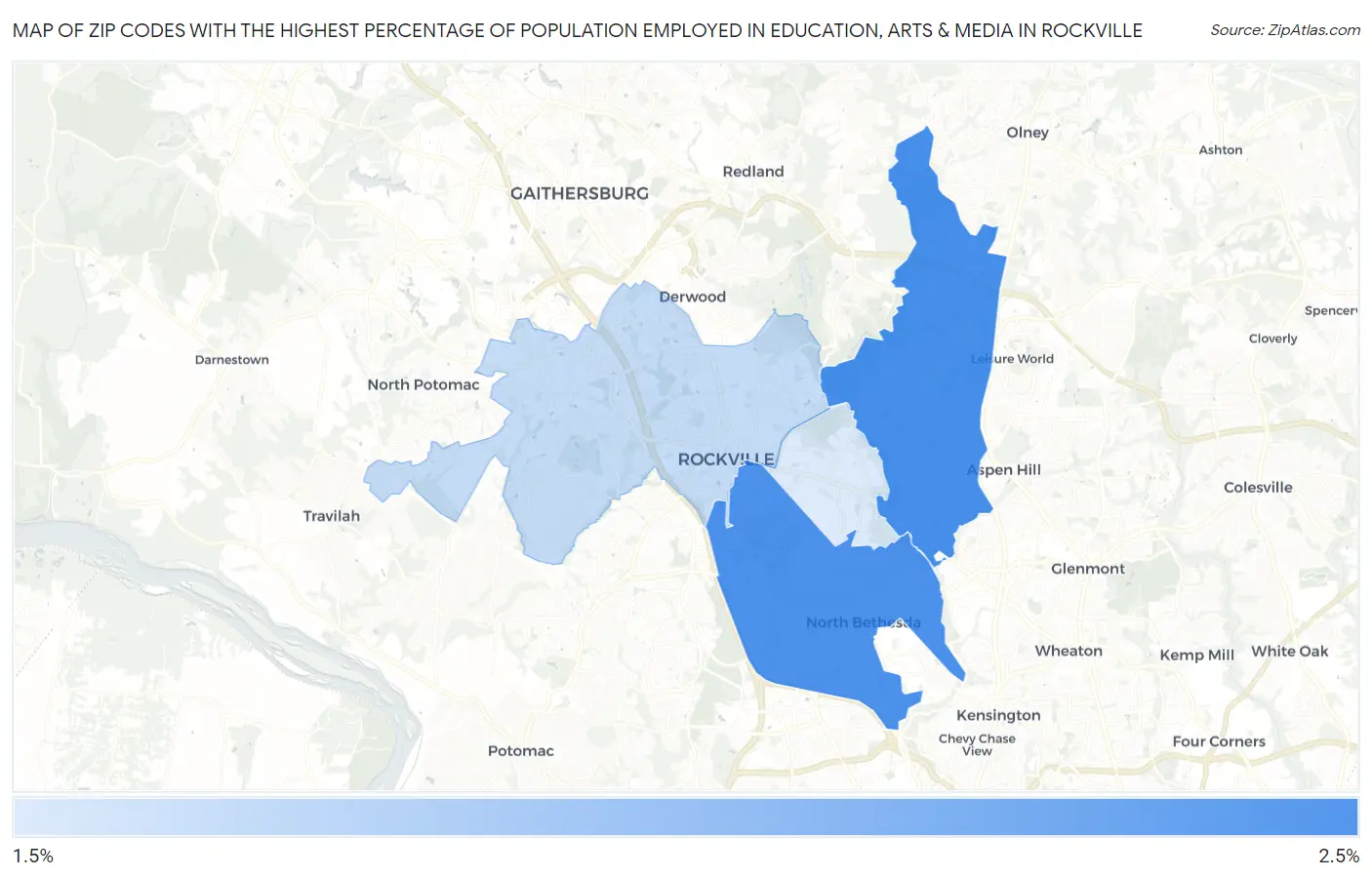 Zip Codes with the Highest Percentage of Population Employed in Education, Arts & Media in Rockville Map