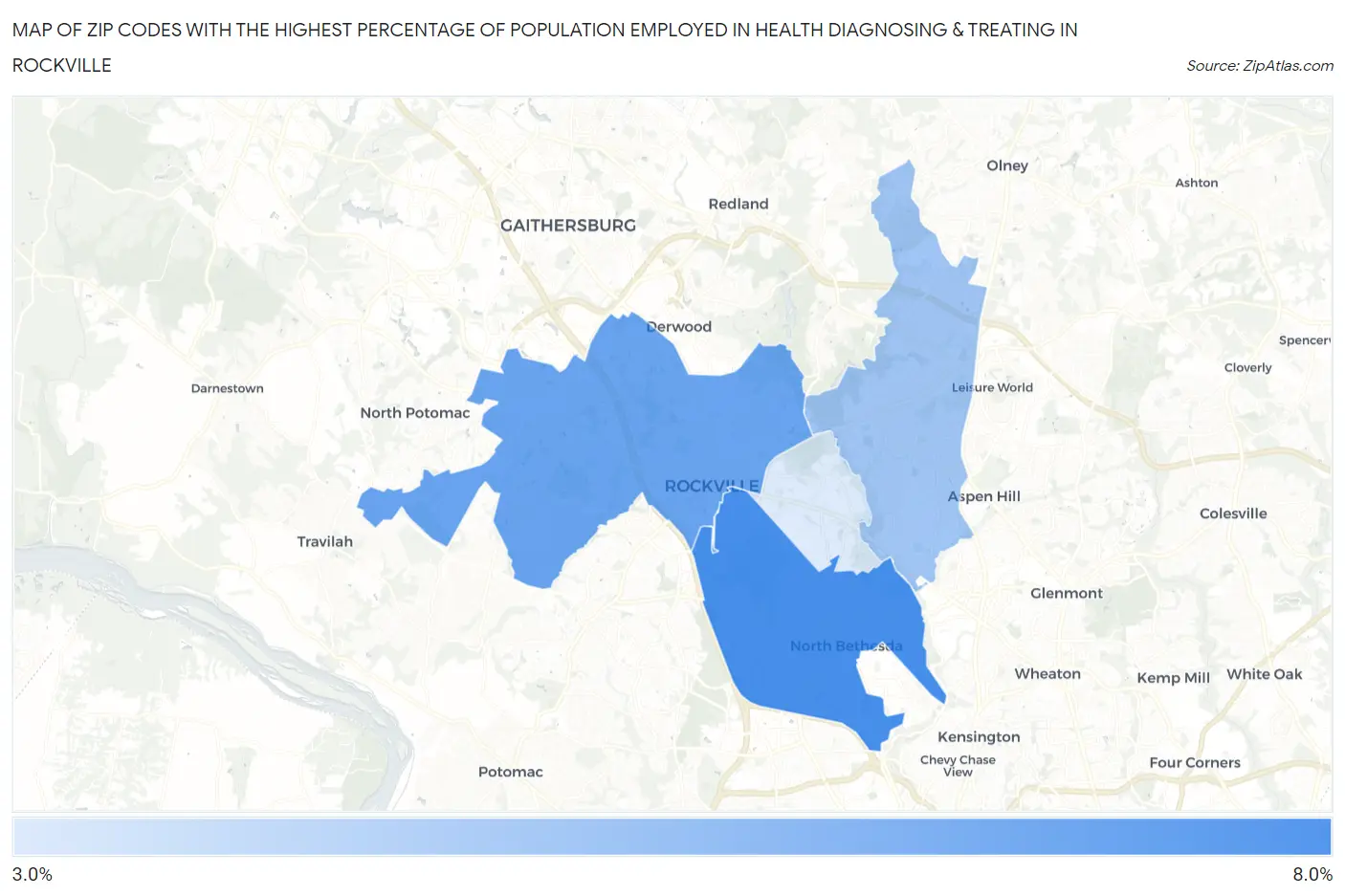 Zip Codes with the Highest Percentage of Population Employed in Health Diagnosing & Treating in Rockville Map
