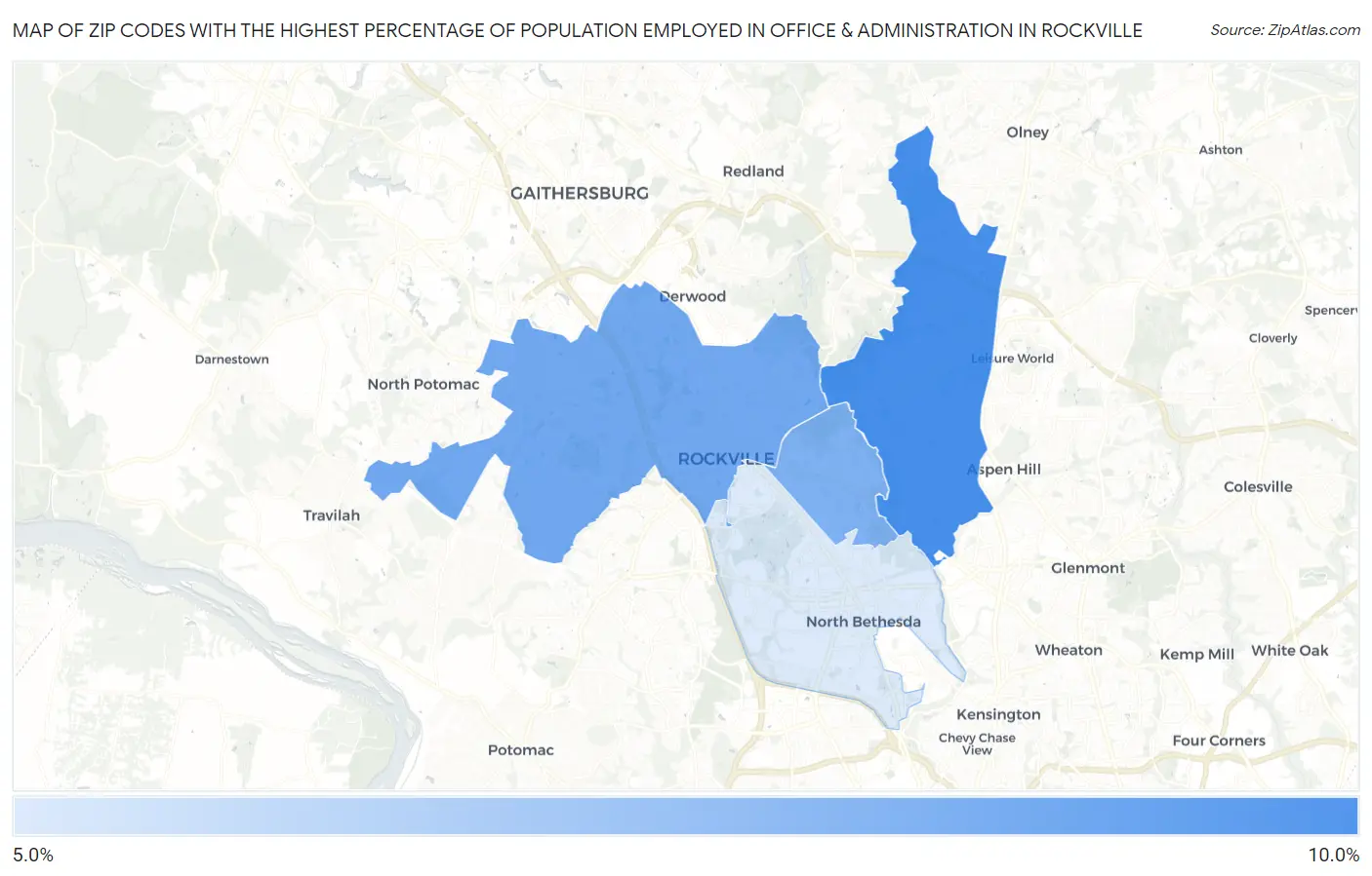 Zip Codes with the Highest Percentage of Population Employed in Office & Administration in Rockville Map