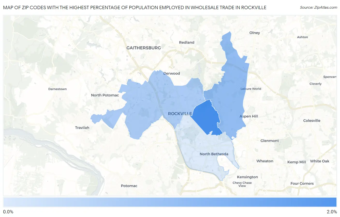 Zip Codes with the Highest Percentage of Population Employed in Wholesale Trade in Rockville Map