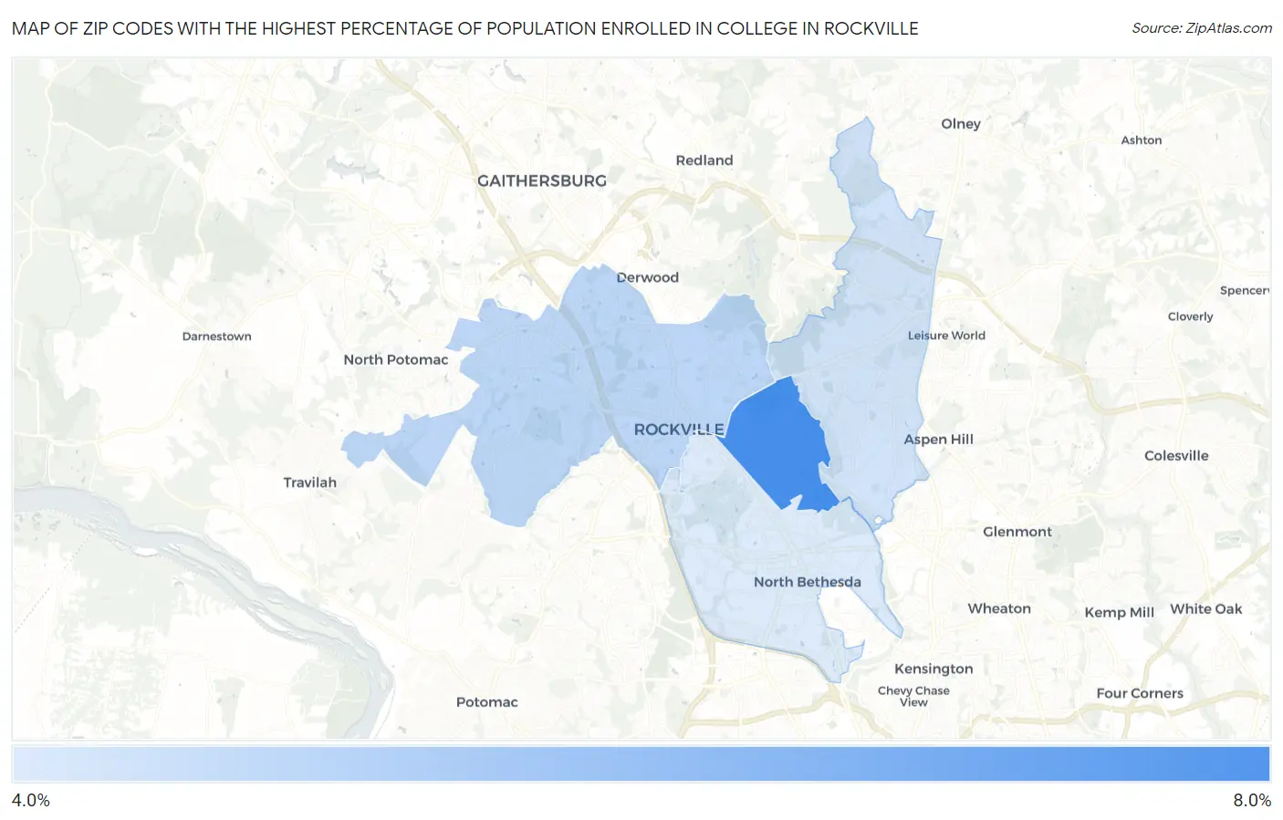Zip Codes with the Highest Percentage of Population Enrolled in College in Rockville Map