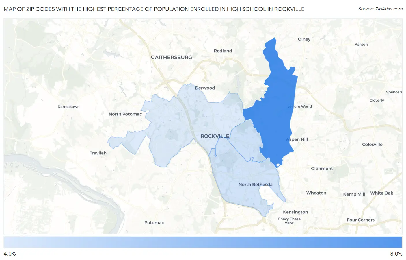 Zip Codes with the Highest Percentage of Population Enrolled in High School in Rockville Map