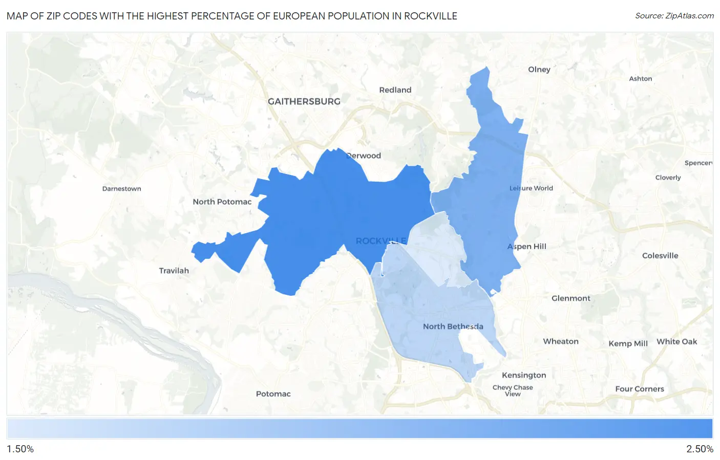 Zip Codes with the Highest Percentage of European Population in Rockville Map