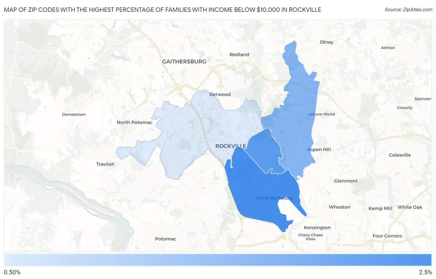 Zip Codes with the Highest Percentage of Families with Income Below $10,000 in Rockville Map