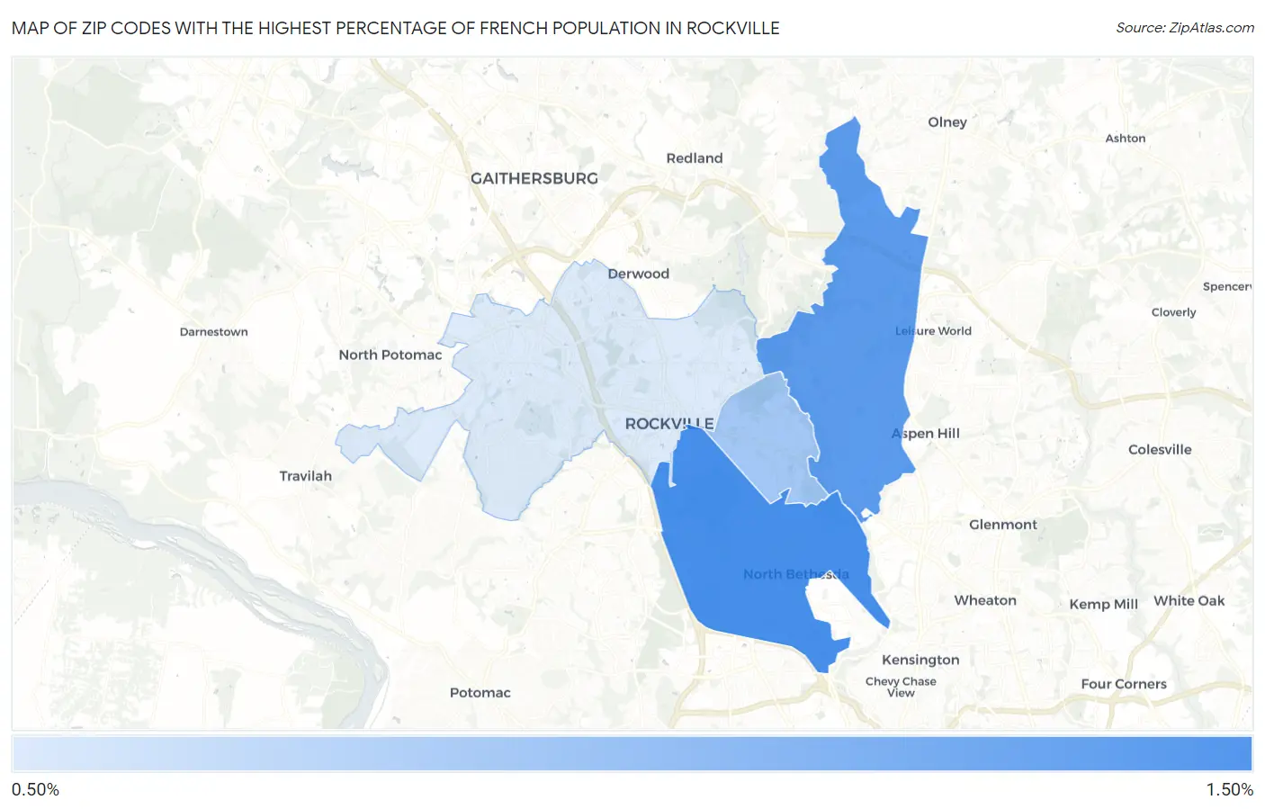 Zip Codes with the Highest Percentage of French Population in Rockville Map