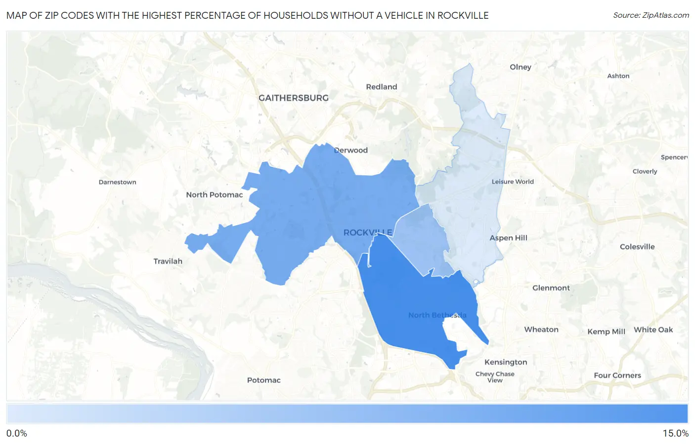 Zip Codes with the Highest Percentage of Households Without a Vehicle in Rockville Map