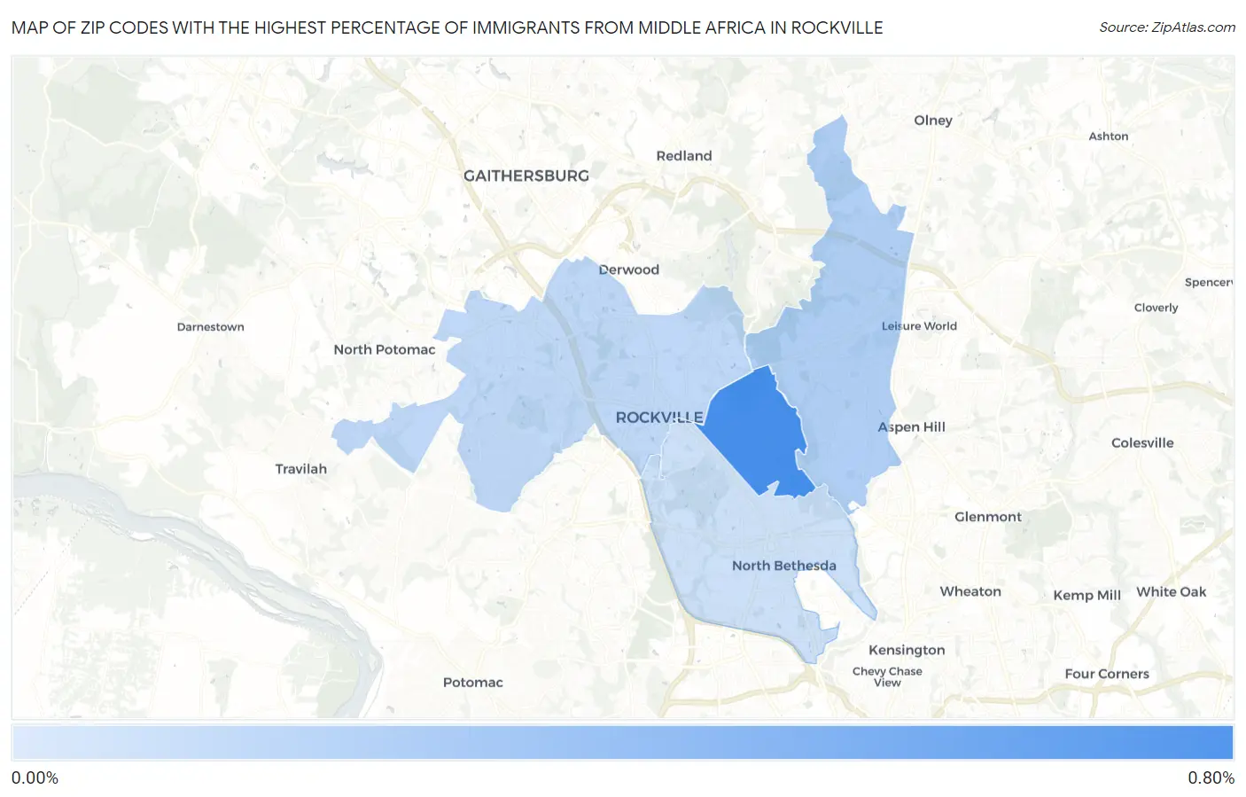 Zip Codes with the Highest Percentage of Immigrants from Middle Africa in Rockville Map