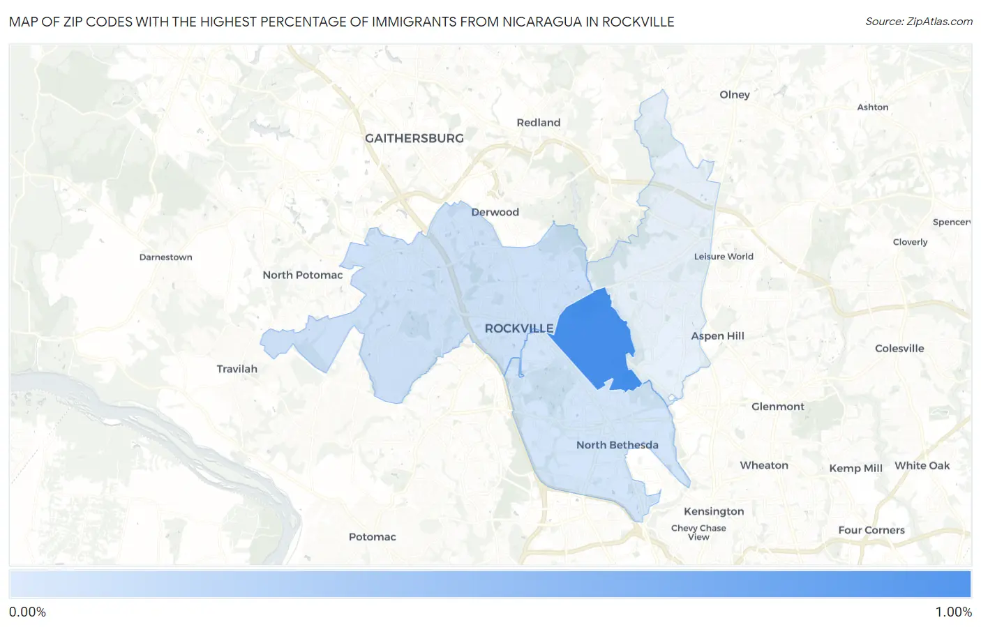 Zip Codes with the Highest Percentage of Immigrants from Nicaragua in Rockville Map