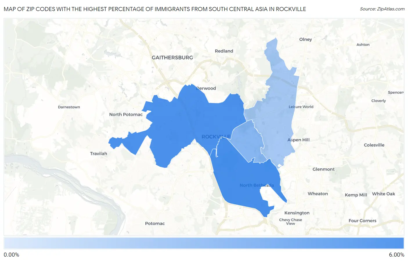 Zip Codes with the Highest Percentage of Immigrants from South Central Asia in Rockville Map