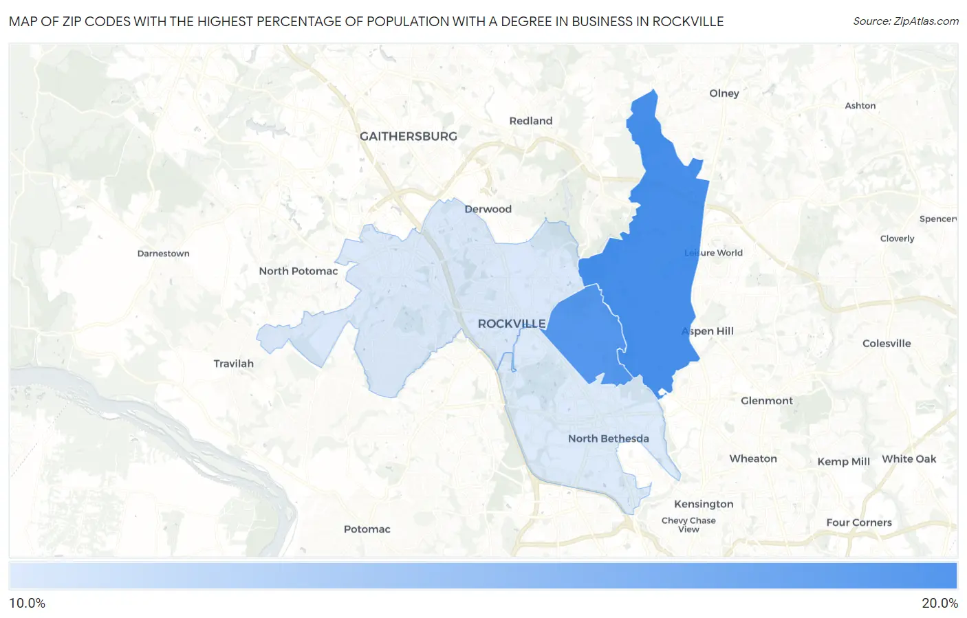 Zip Codes with the Highest Percentage of Population with a Degree in Business in Rockville Map