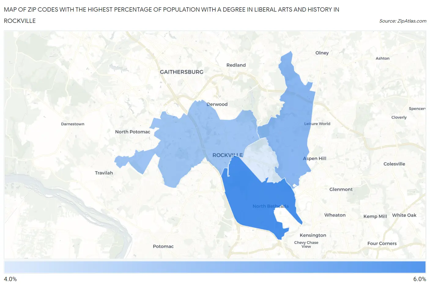 Zip Codes with the Highest Percentage of Population with a Degree in Liberal Arts and History in Rockville Map