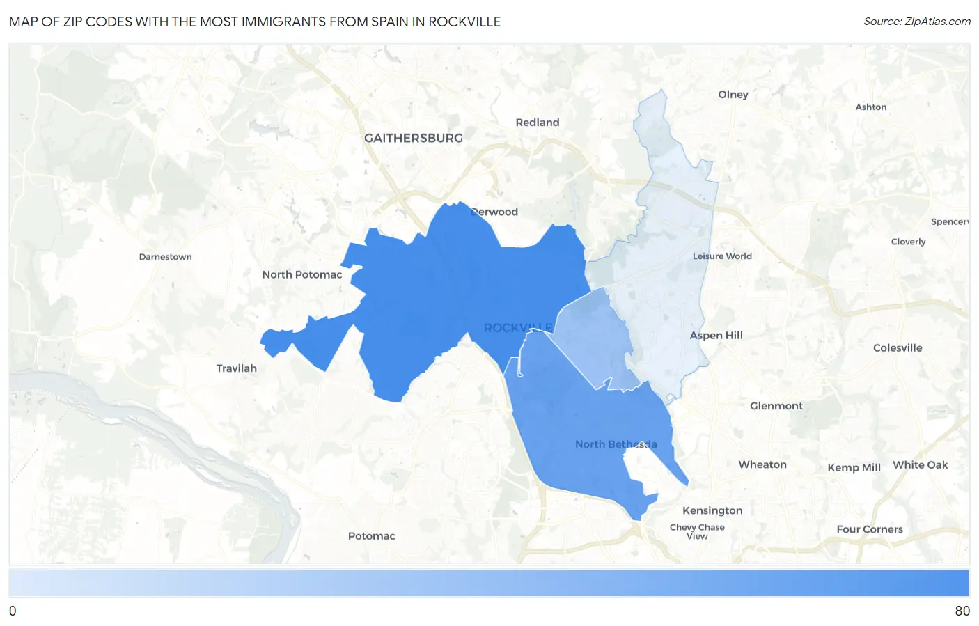 Zip Codes with the Most Immigrants from Spain in Rockville Map