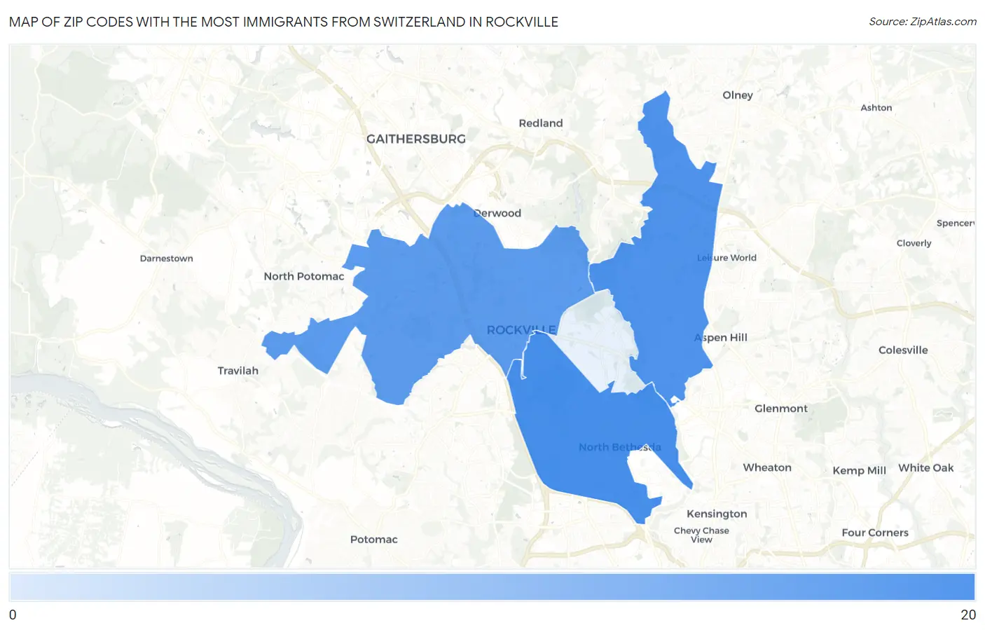 Zip Codes with the Most Immigrants from Switzerland in Rockville Map
