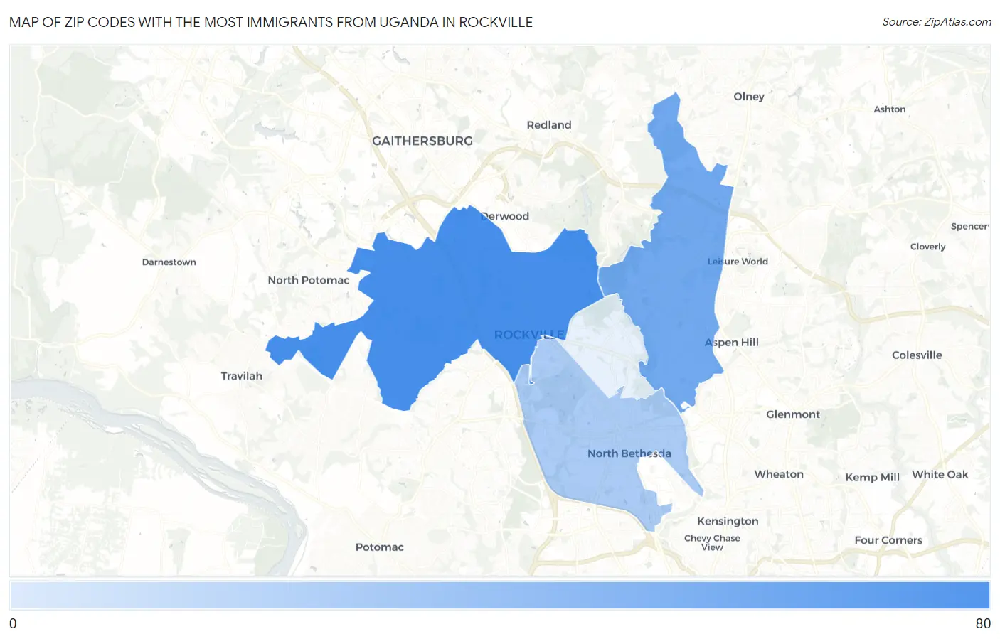 Zip Codes with the Most Immigrants from Uganda in Rockville Map