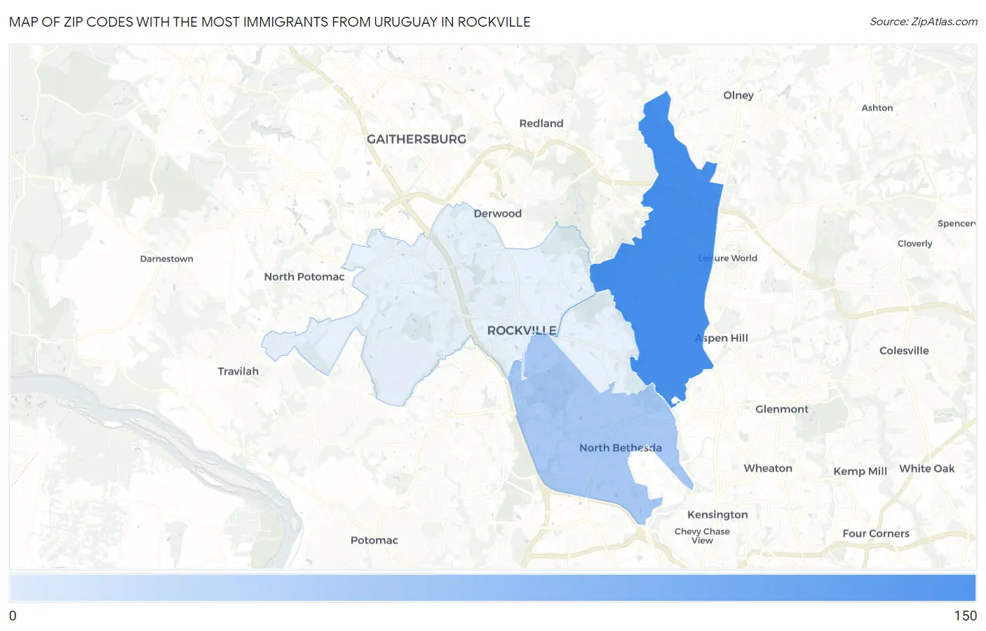 Zip Codes with the Most Immigrants from Uruguay in Rockville Map